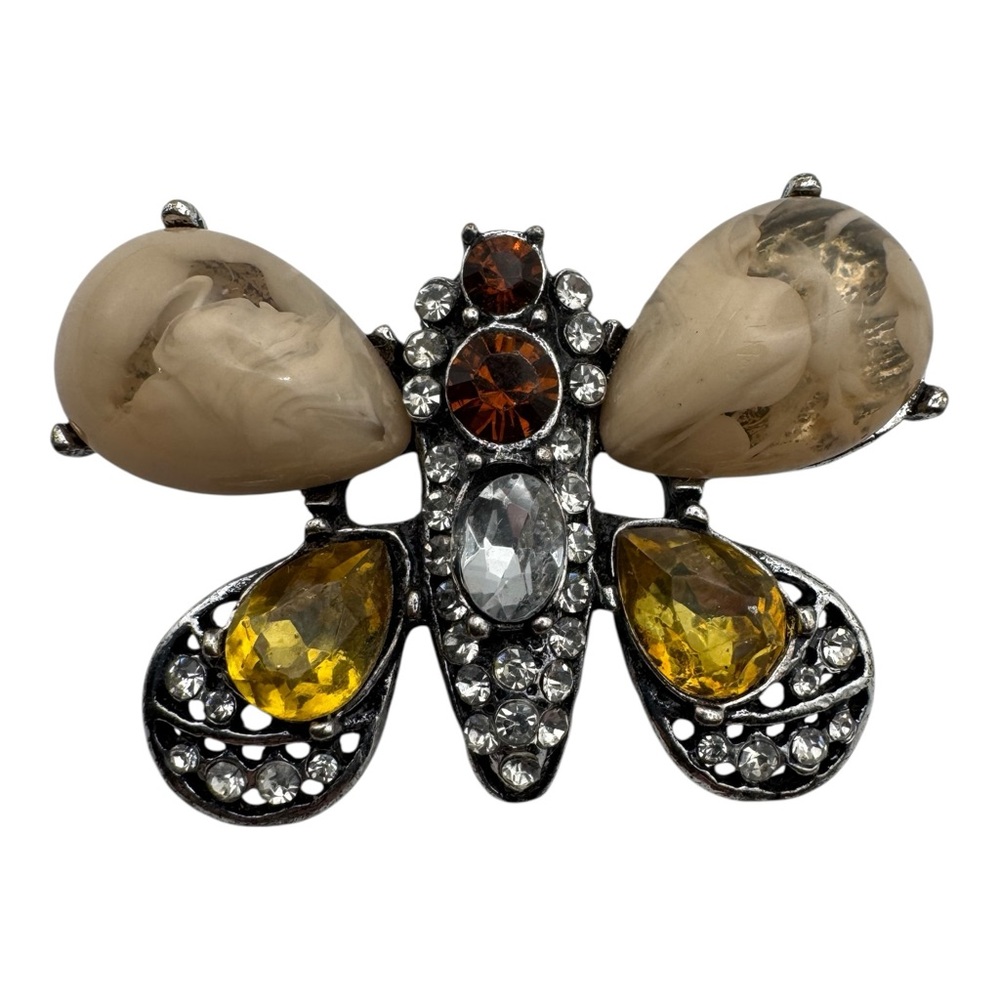 Vintage Rhinestone Butterfly Brooch Amber Yellow Gray Stones 1.75”